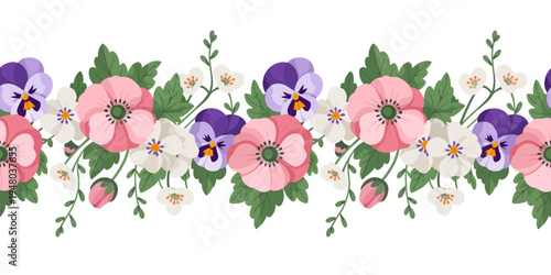 Beautiful floral border with pink purple and white flowers and green leaves