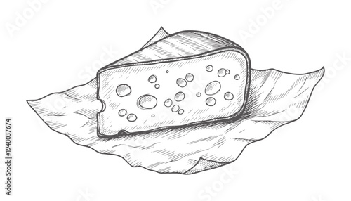Hand drawn wedge of Swiss cheese with holes crumpled paper food