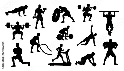 Gym Workout Silhouettes, Strength Training and Weightlifting Exercise Icons Set