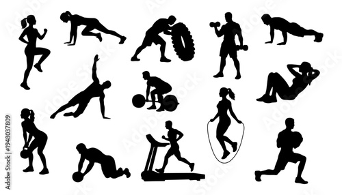 Fitness Workout Silhouette Set, Men and Women Exercise Training Icons Collection