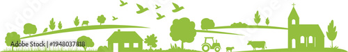 Green countryside landscape silhouette with farm house tractor church trees animals and flying birds rural agriculture panorama vector illustration isolated on white