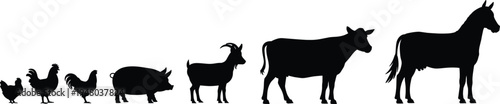 Farm animal silhouette set featuring chicken rooster pig goat cow and horse livestock vector illustration collection isolated on white background