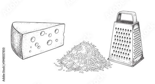 Wedge of swiss cheese with pile of shredded cheese and grater