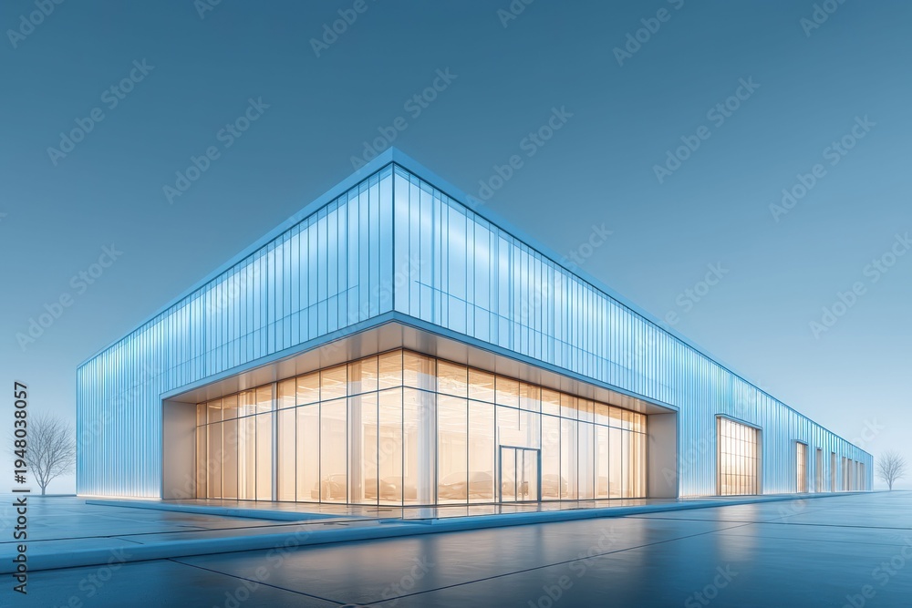 Fototapeta premium Modern glass building with illuminated interior and minimalist exterior design