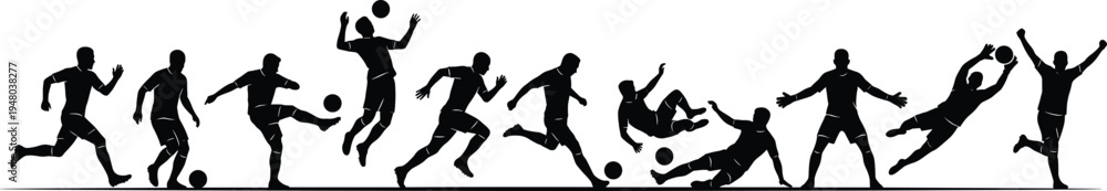 Fototapeta premium Soccer player silhouettes set showing dribbling kicking jumping tackling and goalkeeper save actions isolated vector collection for football sport design