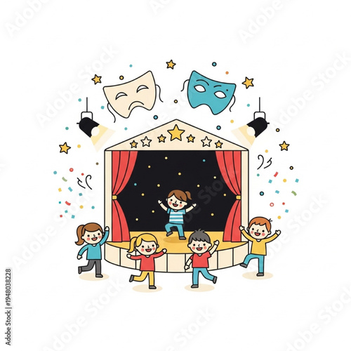 Children Theater Stage Performance with Masks, Curtains, Spotlights and Kids Acting Vector Illustration