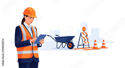 Female construction worker reviewing plans at a construction site, wearing safety gear.