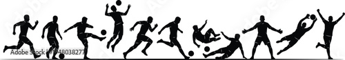 Soccer player silhouettes set showing dribbling kicking jumping tackling and goalkeeper save actions isolated vector collection for football sport design