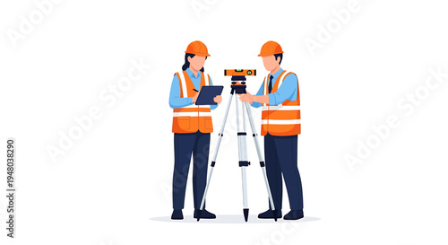 Two construction workers using surveying equipment for a project.