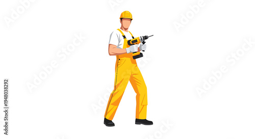Construction worker in yellow overalls holding a drill, ready to work on a project.
