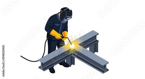 Welder in protective gear welding metal beams together with precision and focus.