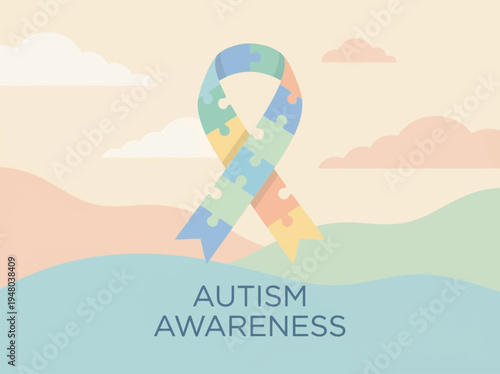 Autism Awareness Ribbon Made of Puzzle Pieces with Soft Pastel Background - A Symbol of Hope and Understanding