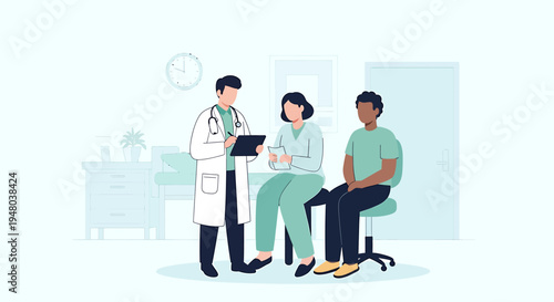 Doctor consulting with a couple in a medical office setting for health concerns.