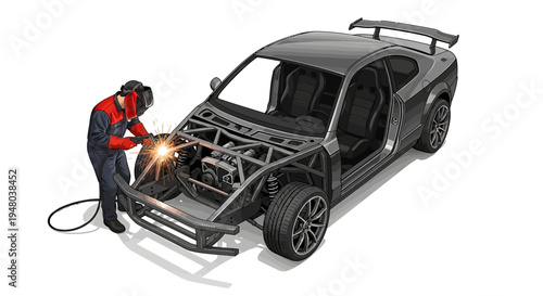 Man welding a car frame, focused on automotive repair and construction.