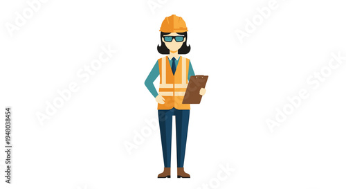 Female construction worker in safety gear holding a clipboard, ready for work.