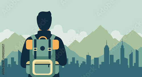 Backpack-wearing individual contemplating the cityscape and mountains in the distance.