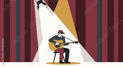 A musician playing guitar under the spotlight on stage, performing a song.