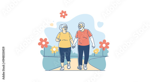 Elderly couple walking together, holding hands, enjoying a sunny day outdoors.