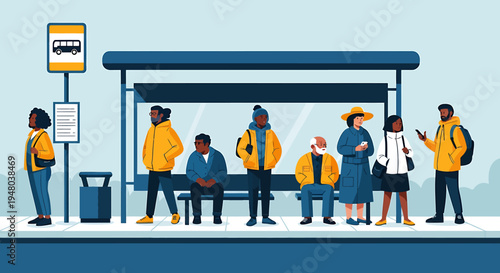 People waiting at a bus stop, diverse group of individuals, urban scene, public transport.