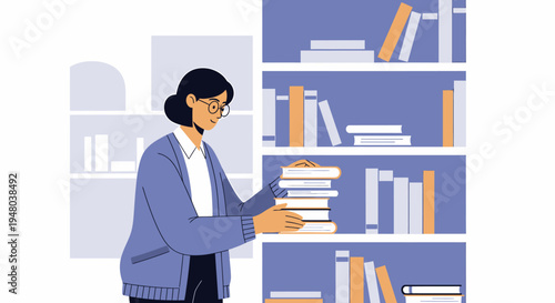 Woman arranging books on a bookshelf, focused on organizing and reading.