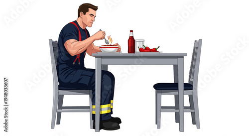 Firefighter enjoying a meal at a table, focused on his food and drink.