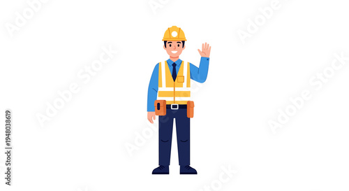 Smiling construction worker in safety vest waving hand, welcoming gesture.