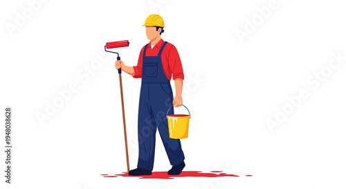 Painter in overalls holding paint roller and bucket ready to work.