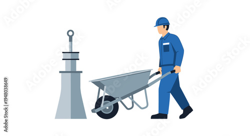 Worker pushing a wheelbarrow near a tall industrial structure, construction site.
