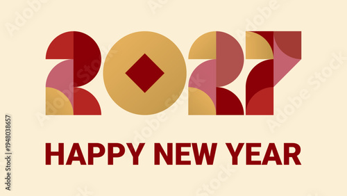Abstract geometric postcard with Chinese New Year of goat, sheep 2027 with lucky coin. Numbers made of simple shapes in retro style in red, pink, yellow and gold. Vector EPS10