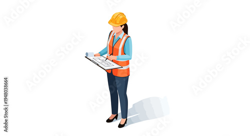 Female construction worker reviewing blueprints on a construction site.