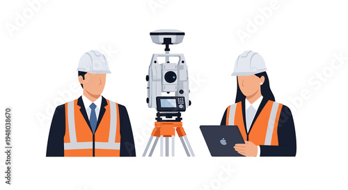 Surveyors with equipment and tablet for land measurement and mapping.