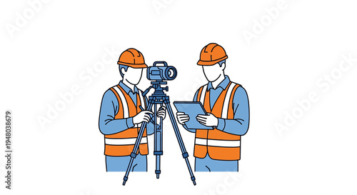 Two construction workers using surveying equipment for land measurement and mapping.