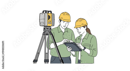 Surveyors working together on a construction site with equipment and plans.