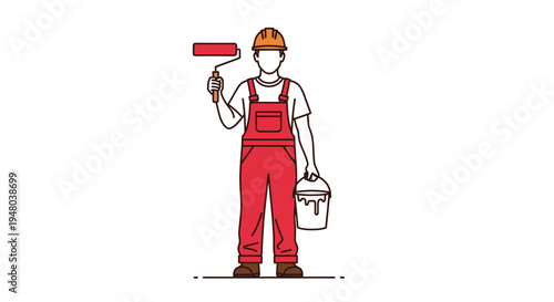 Professional painter in red overalls holding paint roller and bucket ready to work.