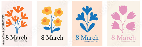 Happy Womens Day greeting cards with colorful flowers and text  March 8th celebration