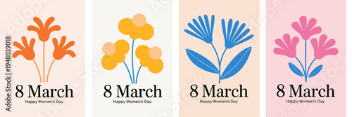 International Womens Day greeting cards with colorful flowers  March 8th celebration