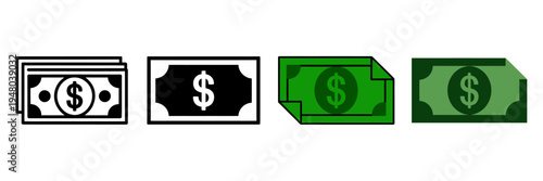 Four different dollar bill icons in various colors and styles side by side