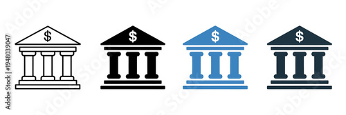 Four different colored bank building icons with dollar signs on roofs