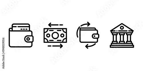 Line icons of wallet with credit card and bank building exchanging money
