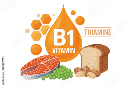 Vitamin B1 thiamine rich foods salmon peas bread nuts health nutrition concept