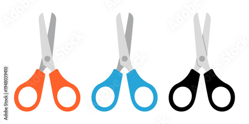 Three pairs of scissors with orange blue and black handles and metal blades