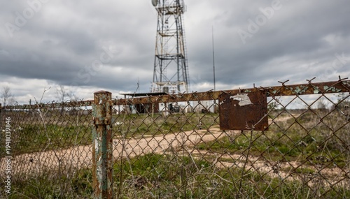 Medium shot of broadcast transmitter tower base with sharp focus on rusty fence and warning signs blurred tall mast standing against a cloudy sky in rural setting.