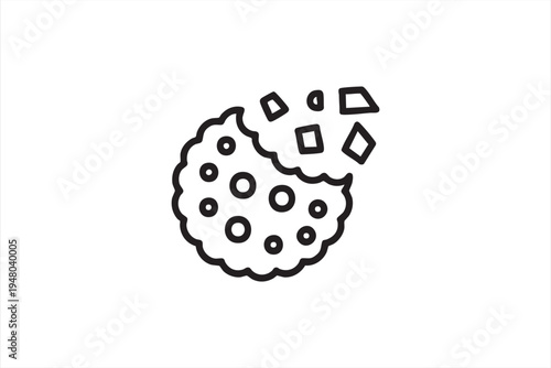 Minimal cookie bite outline icon with crumbs sweet dessert snack graphic for menu packaging and bakery branding