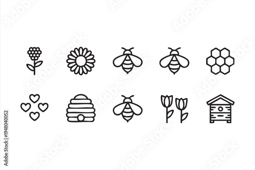 Bee and honey beekeeping outline icon set with flowers hive honeycomb and pollination symbols