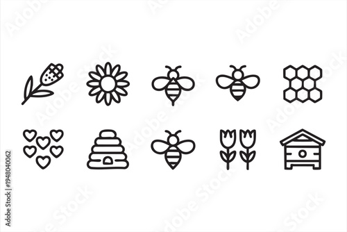 Minimal bee honey and flower line icons collection with hive apiary and pollinator nature symbols