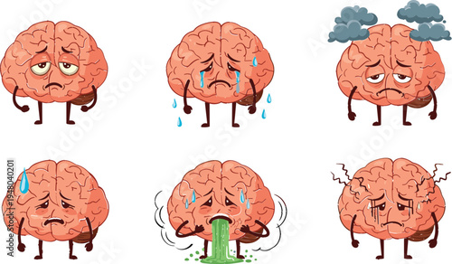 Illustration Set of Cartoon Brain Expressions Depicting Different Emotional States, Stress, Sadness, and Anxiety for Mental Health Designs
