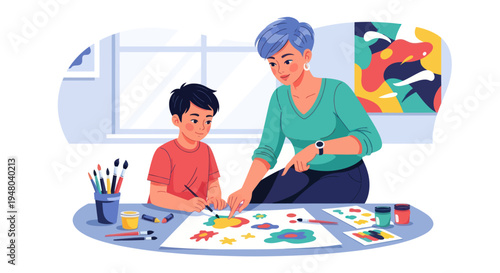 Mother and Son Painting Together, Creative Art Class at Home, Colorful Illustration