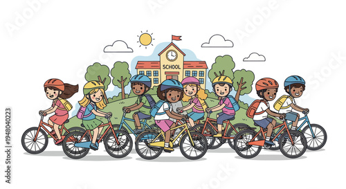 Diverse kids riding bikes to school, happy children, outdoor activity, educational illustration