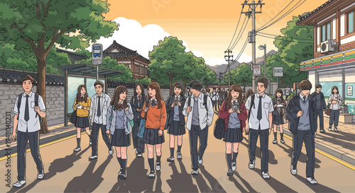 School students walking on street, anime style, summer day, Korean traditional houses