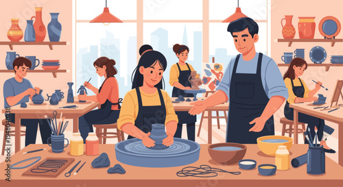 People Enjoying Pottery Class, Learning Ceramic Art, Creative Hobby Workshop